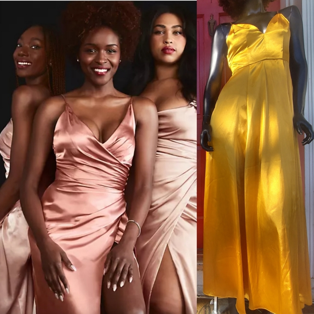 GALINA SIGNATURE Gold Charmeuse Draped Spaghetti Strap Long Evening Dress